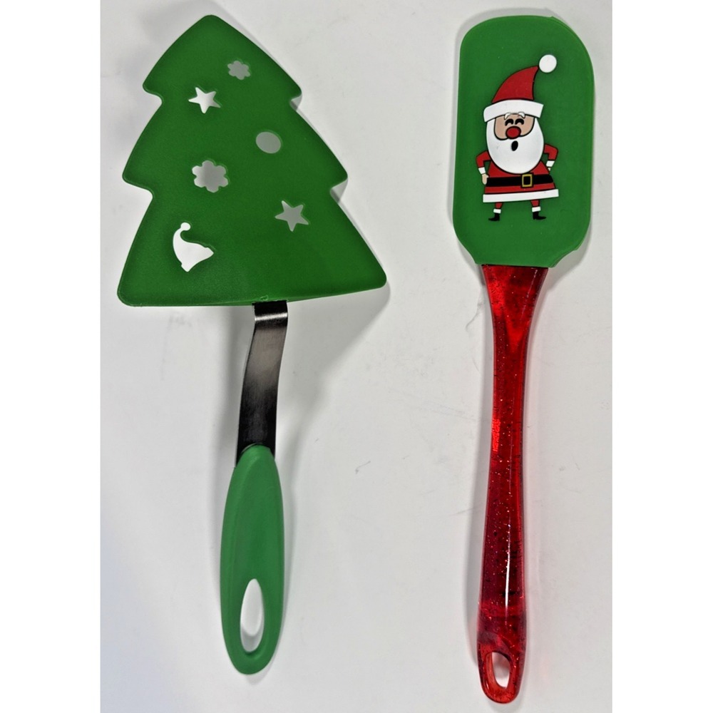 Unbranded Christmas Spatula and Pie Server Set OS Green Santa Tree Glitter - Picture 2 of 10